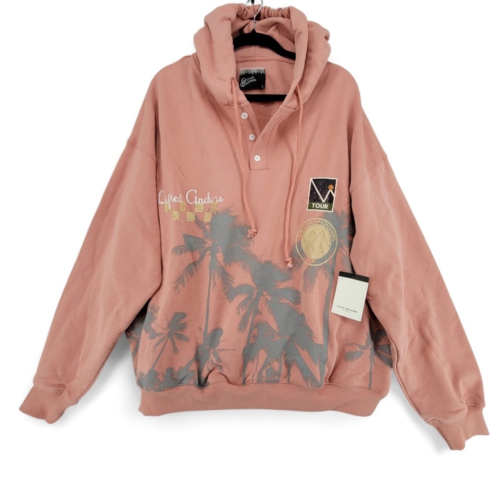 Lifted Anchors Hoodie Mens Large Pink Graphic Pullover‎ Cotton NWT Streetwear